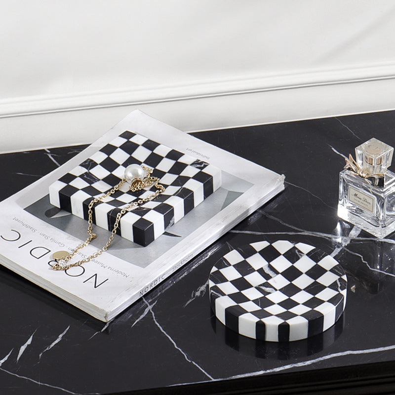 Checkered Marble Jewelry Tray | 4.7 × 0.8 in | Stone Inlay | Modern Vanity Organizer | Brick by Brick