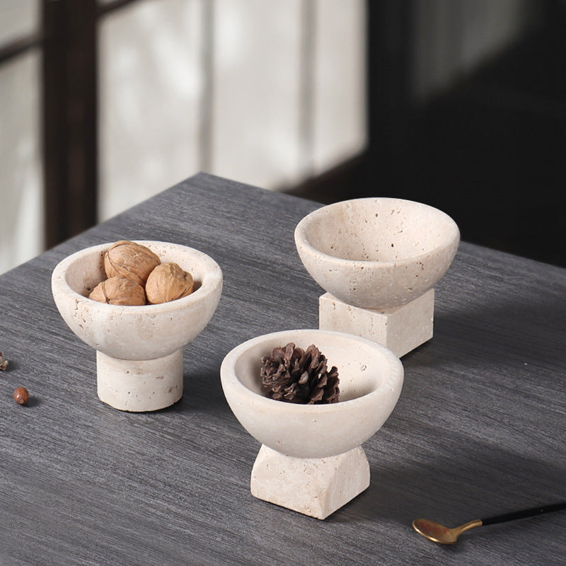 Travertine Mini Pedestal Bowl | 4.7 x 3.5 in | Small Stone Display Dish | Unique Bases | Brick by Brick