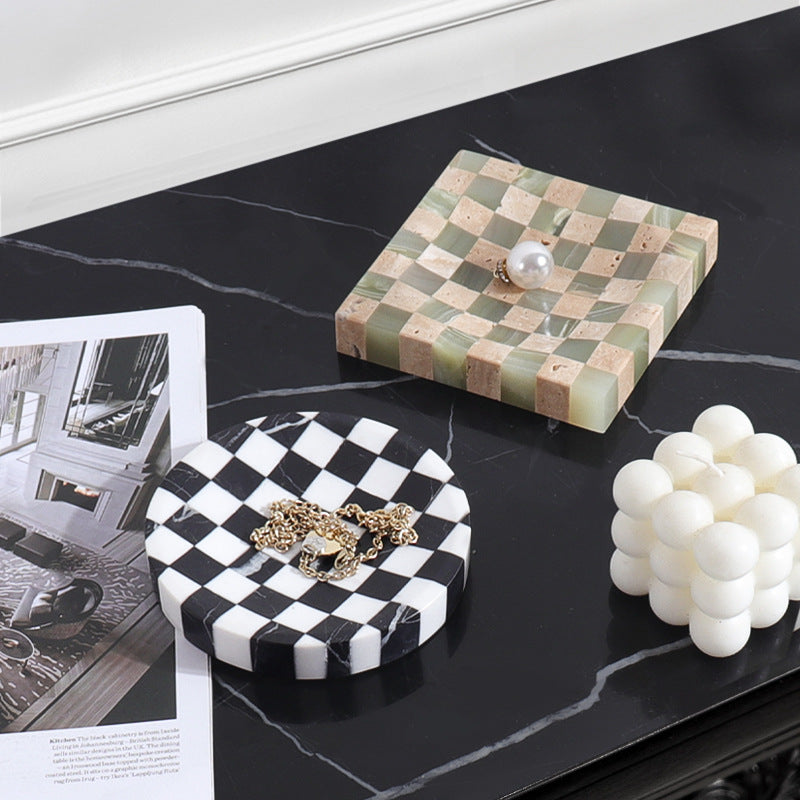 Checkered Marble Jewelry Tray | 4.7 × 0.8 in | Stone Inlay | Modern Vanity Organizer | Brick by Brick