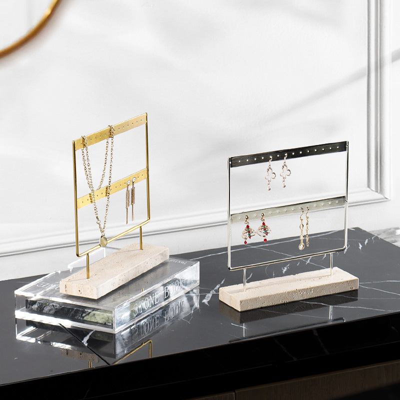 Aria Travertine Jewelry Rack | 7.9 × 2.4 × 8.7 in | Stone Base | Metal Frame | Brick by Brick