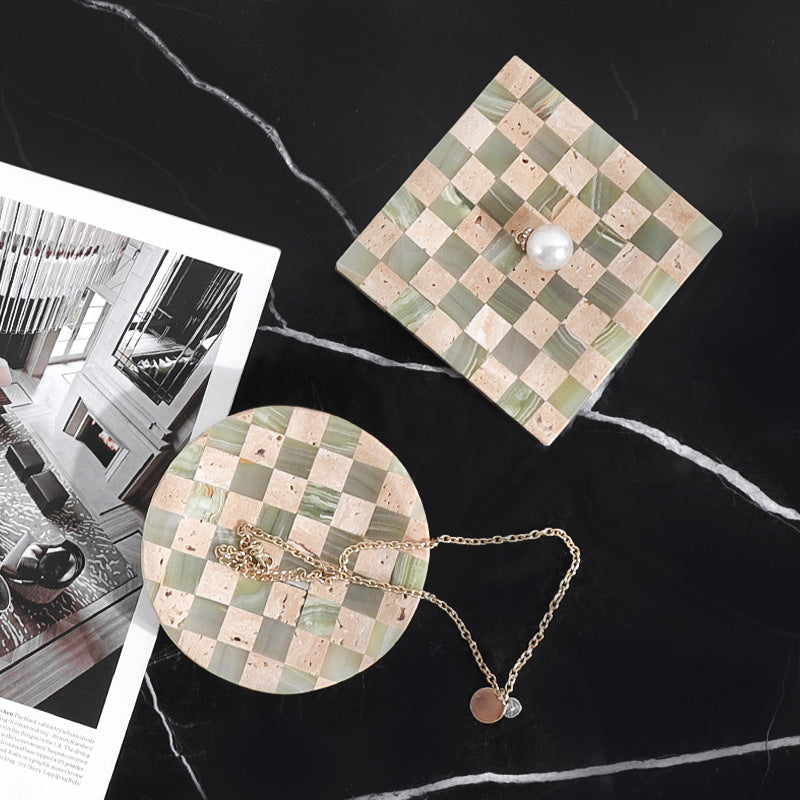 Checkered Marble Jewelry Tray | 4.7 × 0.8 in | Stone Inlay | Modern Vanity Organizer | Brick by Brick
