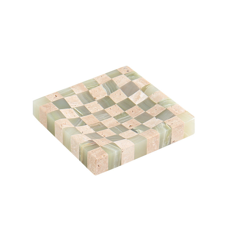 Checkered Marble Jewelry Tray | 4.7 × 0.8 in | Stone Inlay | Modern Vanity Organizer | Brick by Brick