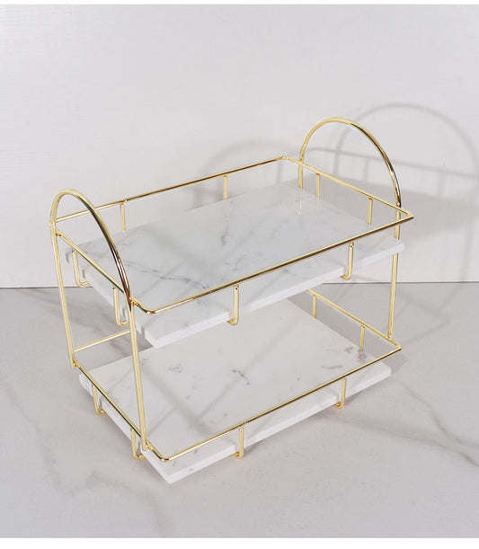 Rectangular Marble Double Tray | 12.6 × 8.3 × 11 in | Two-Tier Organizer | Gold Handles | Brick by Brick
