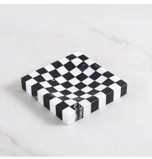 Checkered Marble Jewelry Tray | 4.7 × 0.8 in | Stone Inlay | Modern Vanity Organizer | Brick by Brick