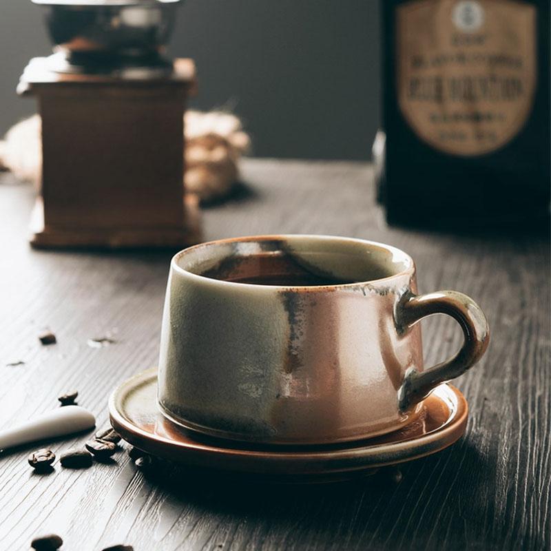 Rustic Stoneware Coffee Mug | 3"x2" Cup + 5" Dish | Brown & White Ceramic | Swivel Handle | Brick by Brick
