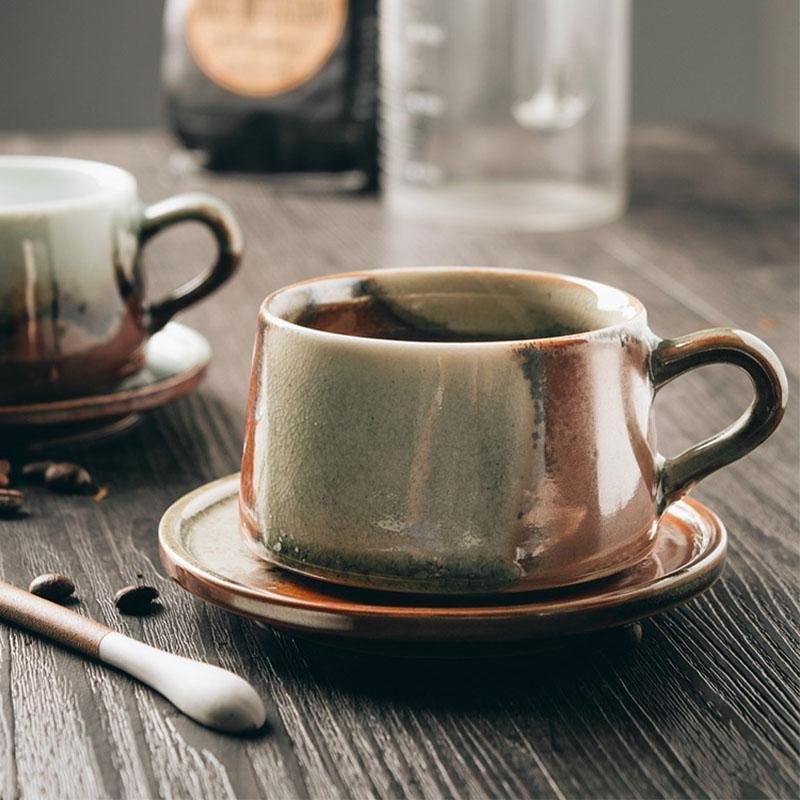 Rustic Stoneware Coffee Mug | 3"x2" Cup + 5" Dish | Brown & White Ceramic | Swivel Handle | Brick by Brick