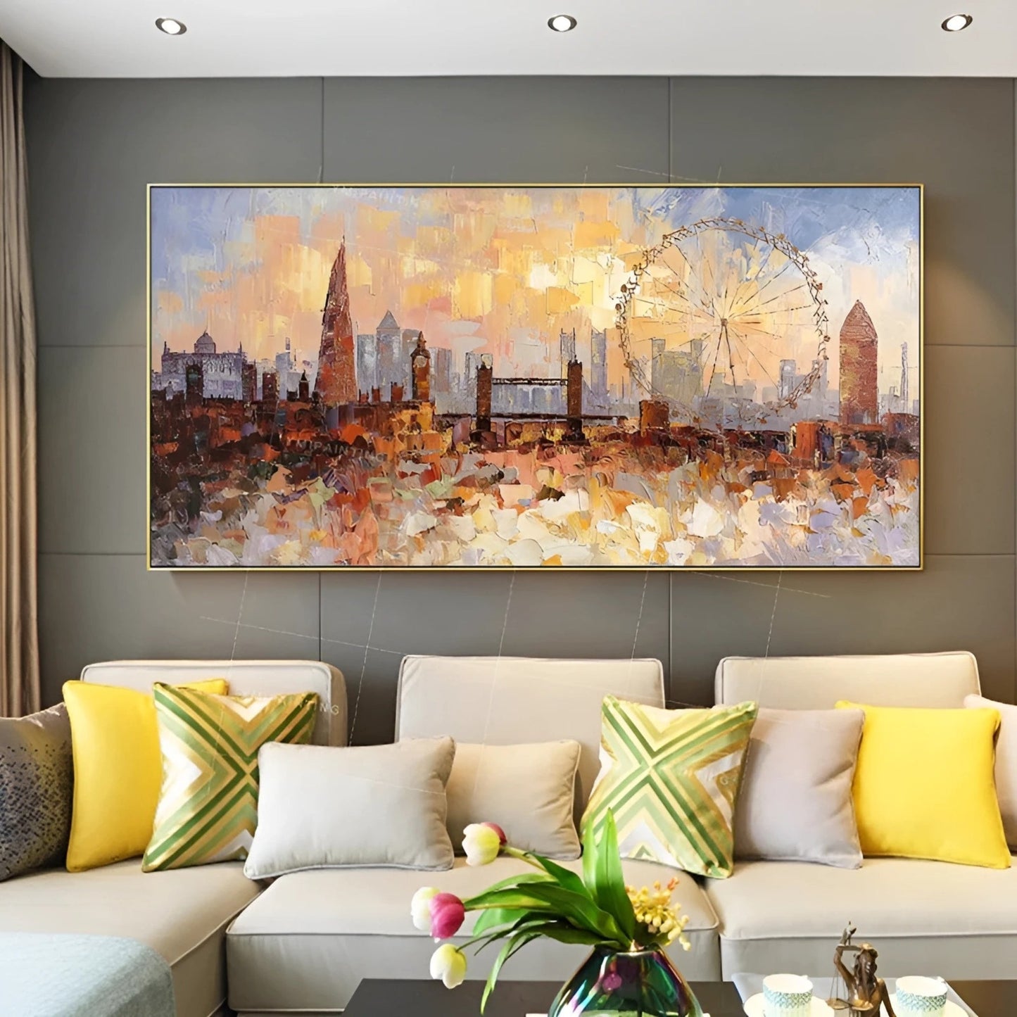 Sunset Over London Wall Art | 46 x 110 in | Textured Cityscape Painting | Iconic London Skyline at Dusk | Urban Wall Art | Brick by Brick
