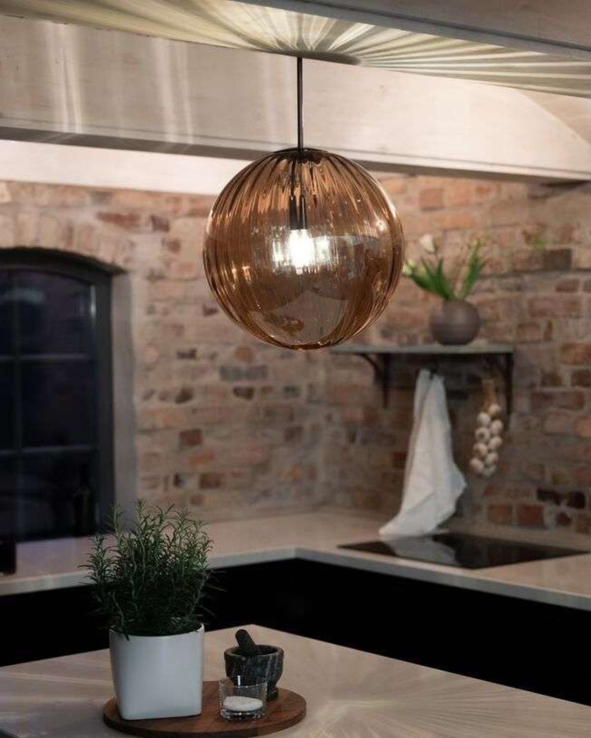 Hanging Pendant Lamp | Amber Glass Globe | Retro Modern Ceiling Light | Adjustable Cable Fixture | Brick By Brick