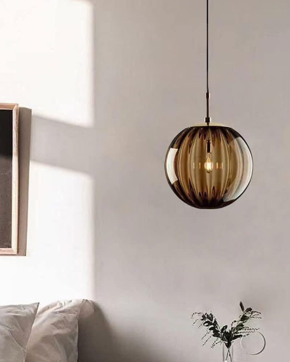 Hanging Pendant Lamp | Amber Glass Globe | Retro Modern Ceiling Light | Adjustable Cable Fixture | Brick By Brick