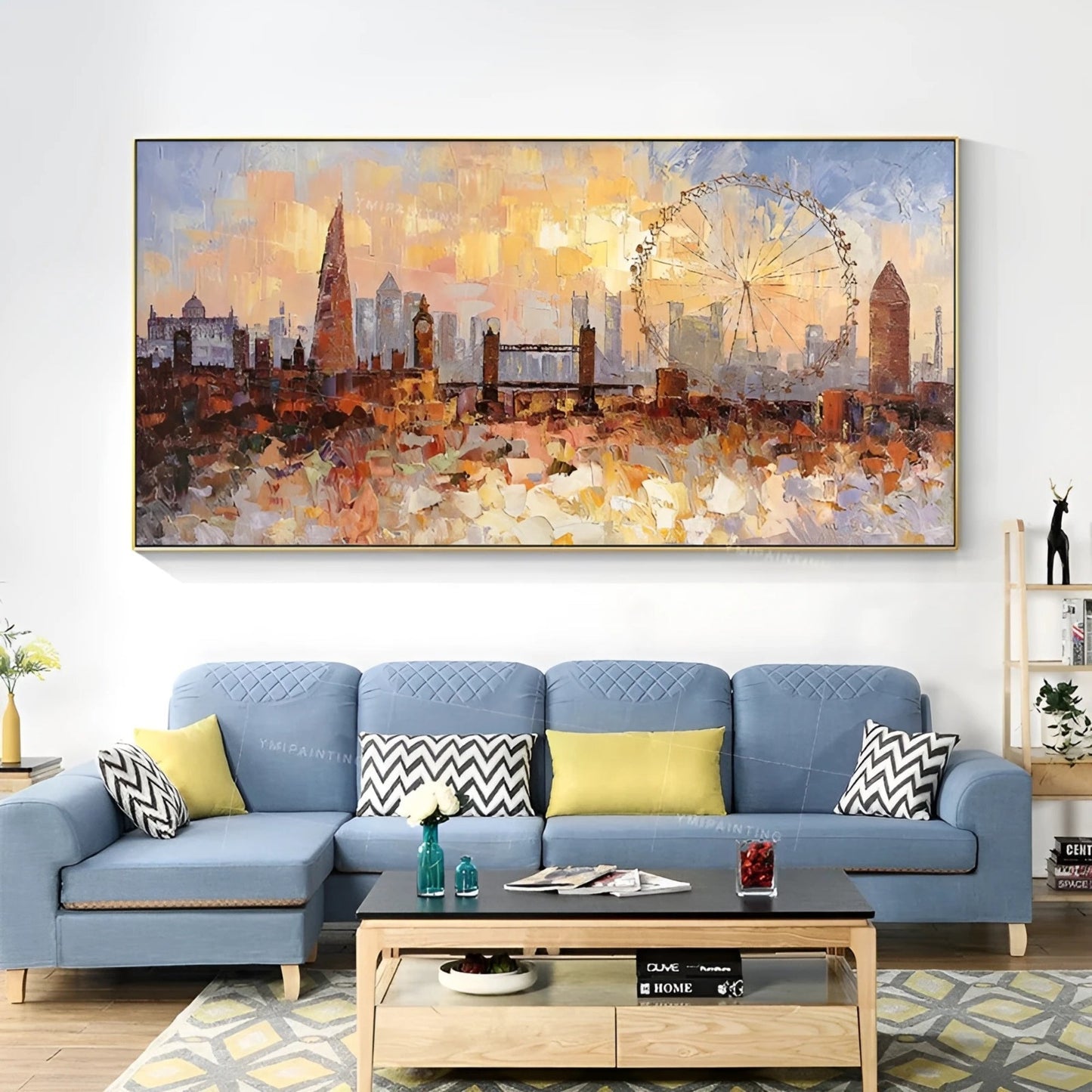 Sunset Over London Wall Art | 46 x 110 in | Textured Cityscape Painting | Iconic London Skyline at Dusk | Urban Wall Art | Brick by Brick