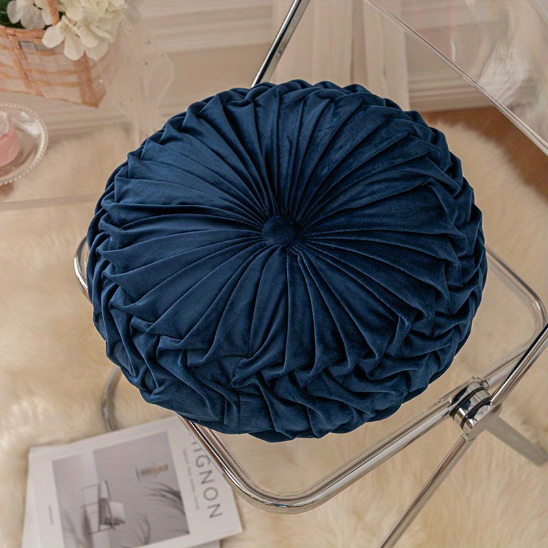 Round Velvet Cushion | 13.7 x 4.7 in | Pleated Velvet Design with Center Button | Decorative Modern Accent | Brick by Brick