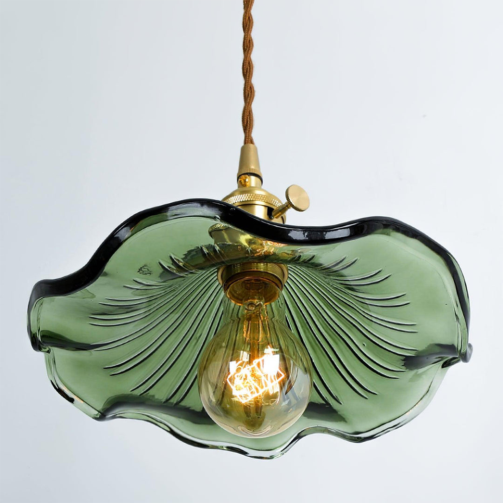 Art Nouveau Fluted Glass Pendant | Flower-Inspired Shade | H4.72in x D9.06-23.62in | Brass & Glass Craftsmanship | Brick by Brick
