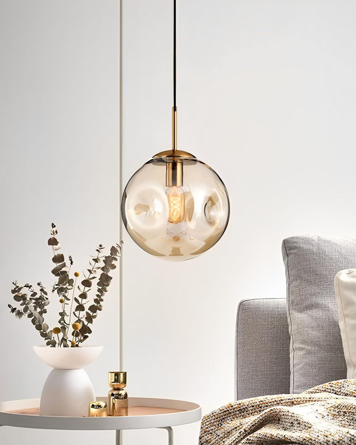 Hanging Pendant Lamp | Amber Glass Globe | Retro Modern Ceiling Light | Adjustable Cable Fixture | Brick By Brick
