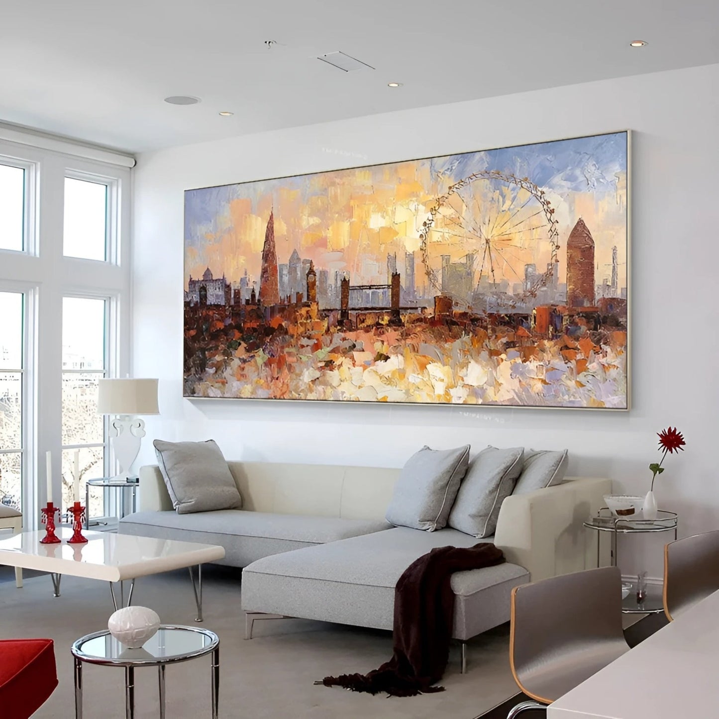 Sunset Over London Wall Art | 46 x 110 in | Textured Cityscape Painting | Iconic London Skyline at Dusk | Urban Wall Art | Brick by Brick