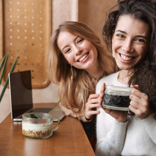 Vintage Glass Coffee Mug Set | 4pcs Embossed Glass Mugs with Bamboo Lids & Spoons | Elegant Drinkware | Brick by Brick