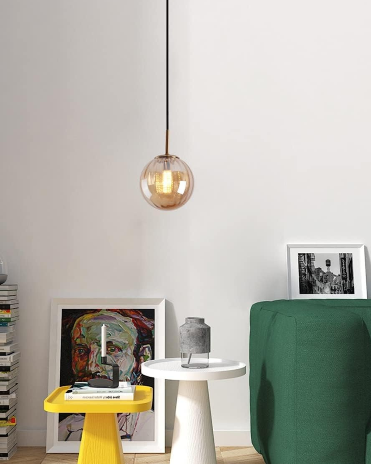 Hanging Pendant Lamp | Amber Glass Globe | Retro Modern Ceiling Light | Adjustable Cable Fixture | Brick By Brick