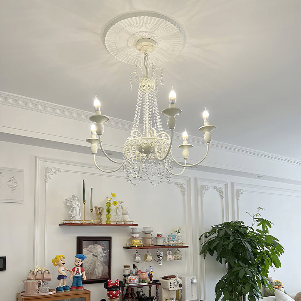 Vintage White Metal & Glass Chandelier | Crystal Tassel Ceiling Light, 4/6/8 Lamp | Brick by Brick