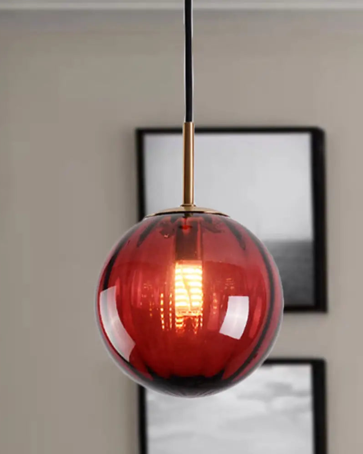 Hanging Pendant Lamp | Amber Glass Globe | Retro Modern Ceiling Light | Adjustable Cable Fixture | Brick By Brick