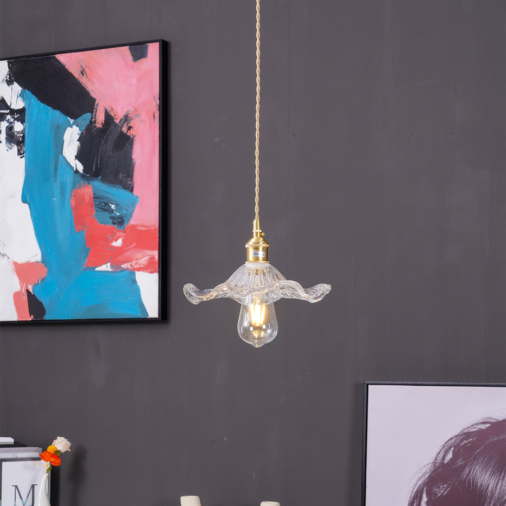 Art Nouveau Fluted Glass Pendant | Flower-Inspired Shade | H4.72in x D9.06-23.62in | Brass & Glass Craftsmanship | Brick by Brick