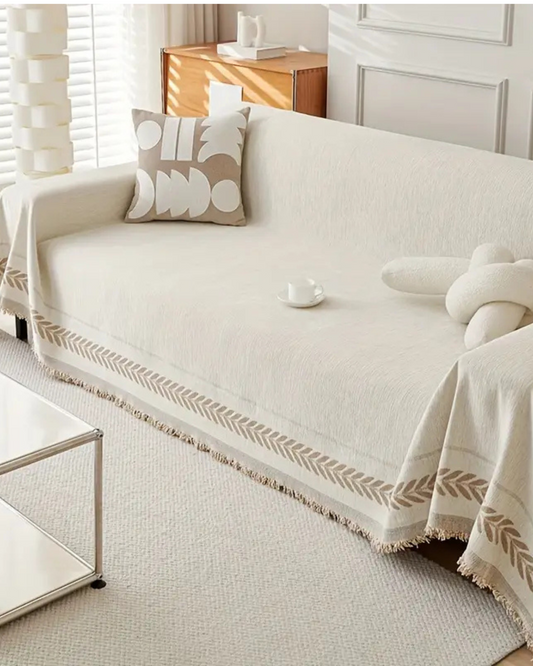 Sofa Blanket Cover | Chenille | Modern Boho Leaf Design | Breathable & Washable Furniture Protector with Fringe | Brick by Brick