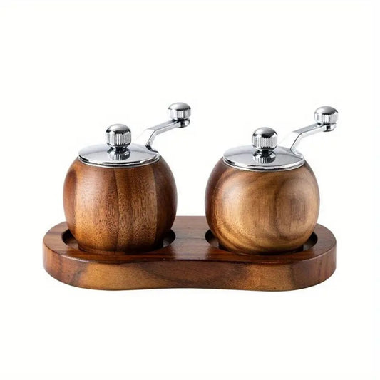 Wooden Salt and Pepper Grinder Set | 2.6 in × 2.2 in | Adjustable Acacia Mills | With Base Stand | Brick by Brick