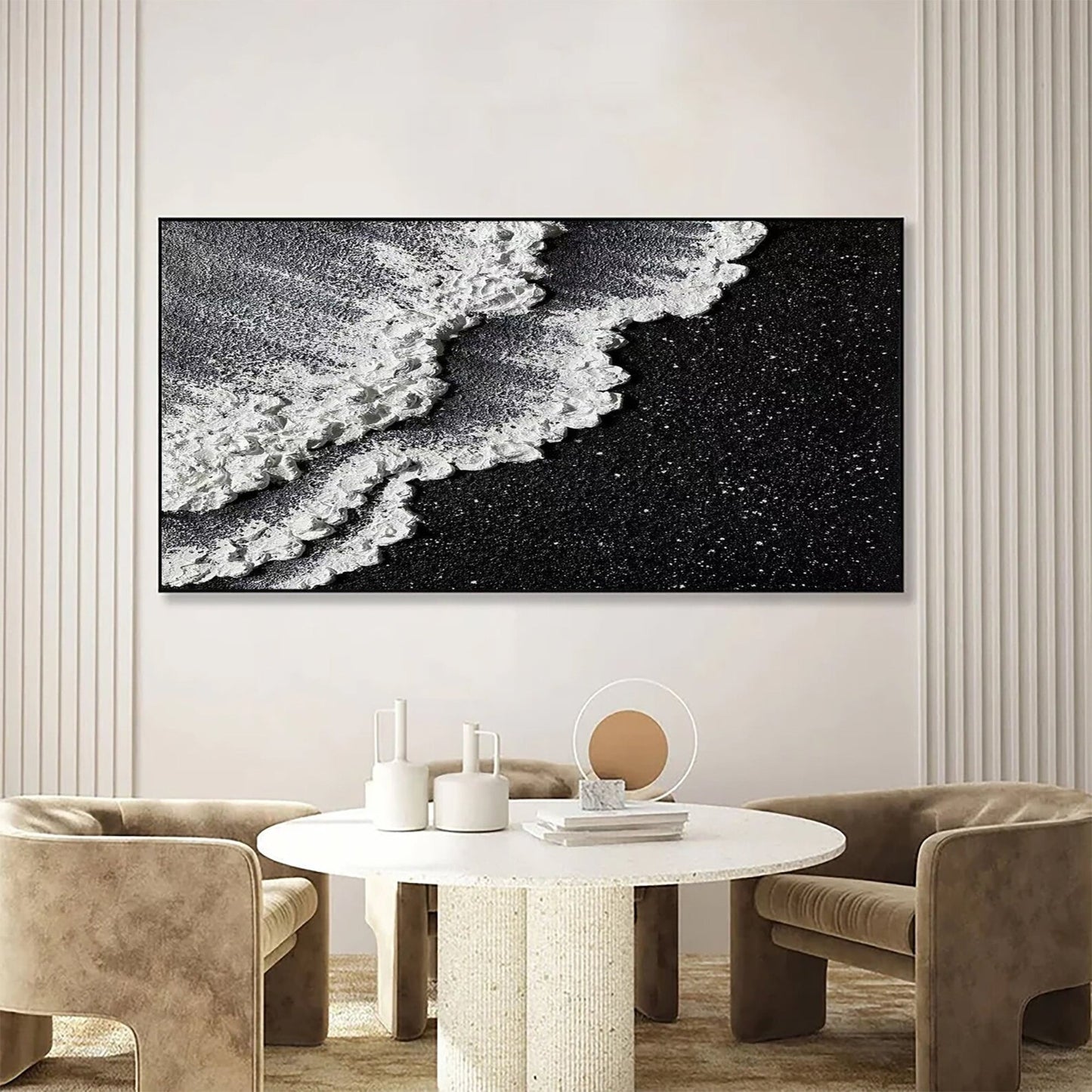 Lunar Shore Wall Art | 46 - 110 in | Textured Plaster Wave Art | Sculptural Coastal Wall Décor | Black & White Seascape | Brick by Brick