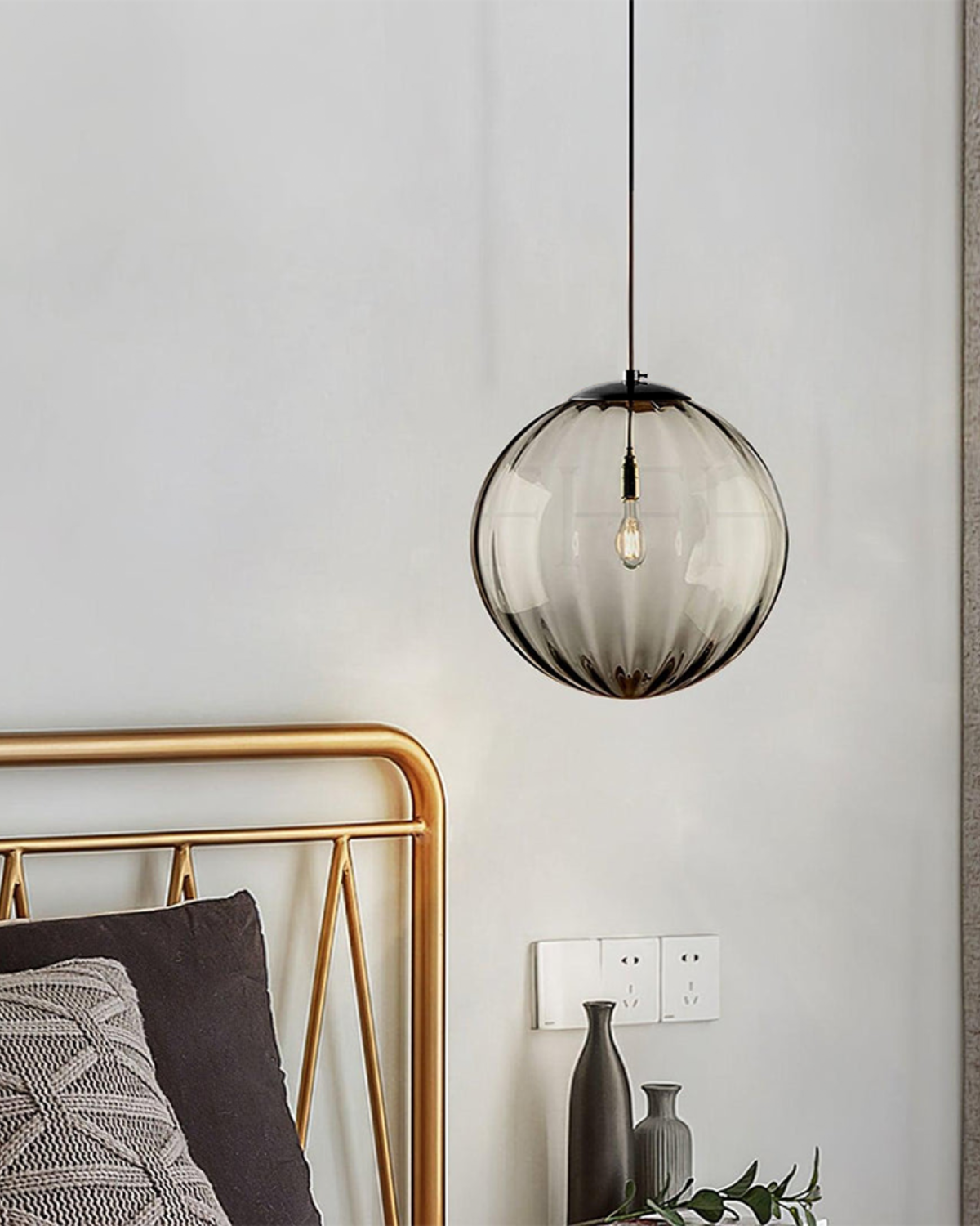 Hanging Pendant Lamp | Amber Glass Globe | Retro Modern Ceiling Light | Adjustable Cable Fixture | Brick By Brick