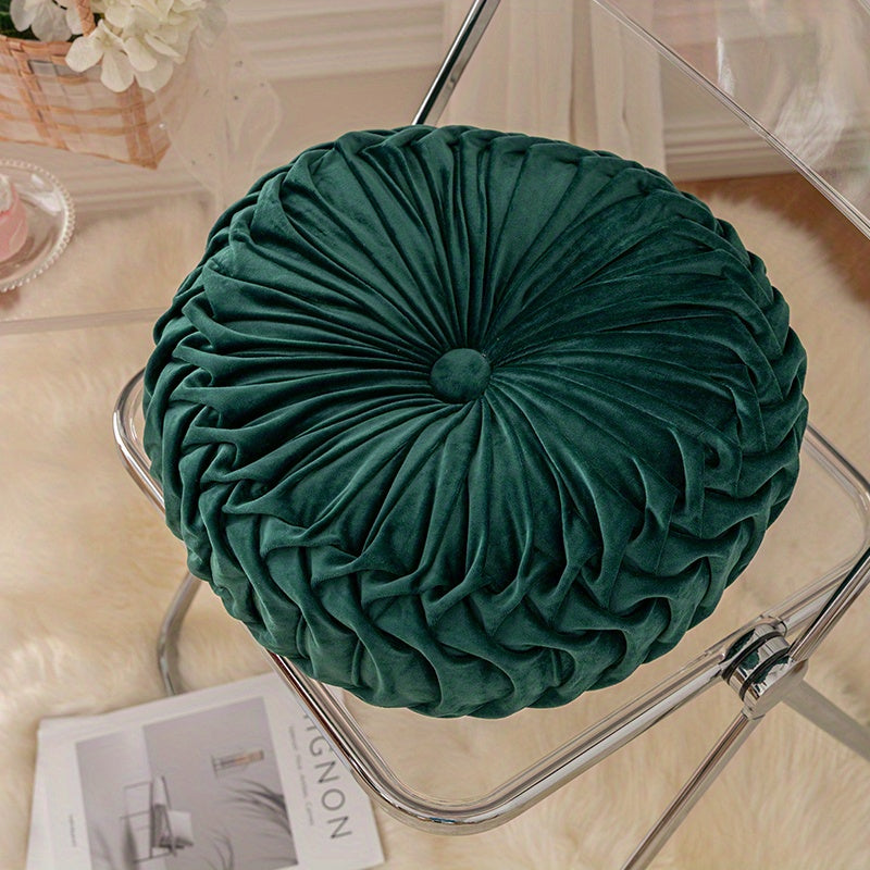 Round Velvet Cushion | 13.7 x 4.7 in | Pleated Velvet Design with Center Button | Decorative Modern Accent | Brick by Brick