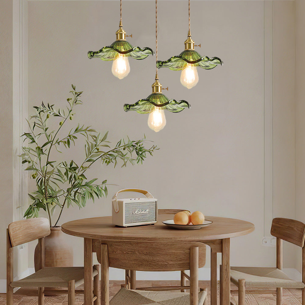 Art Nouveau Fluted Glass Pendant | Flower-Inspired Shade | H4.72in x D9.06-23.62in | Brass & Glass Craftsmanship | Brick by Brick