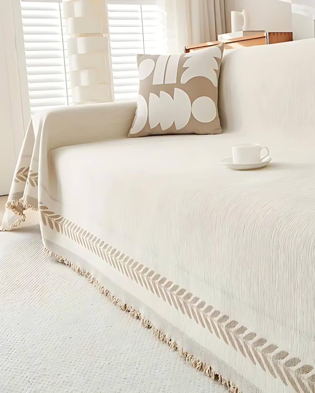 Sofa Blanket Cover | Chenille | Modern Boho Leaf Design | Breathable & Washable Furniture Protector with Fringe | Brick by Brick
