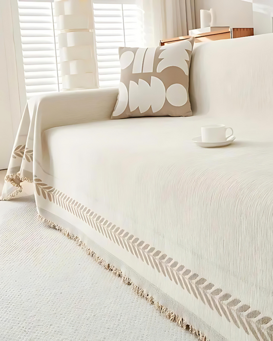 Sofa Blanket Cover | Chenille | Modern Boho Leaf Design | Breathable & Washable Furniture Protector with Fringe | Brick by Brick