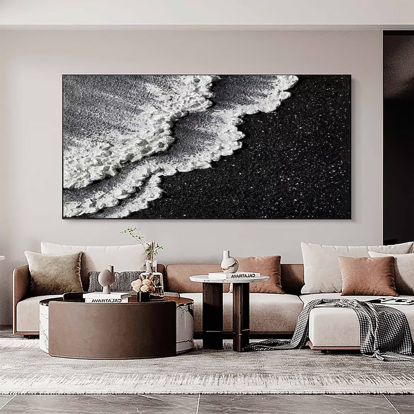 Lunar Shore Wall Art | 46 - 110 in | Textured Plaster Wave Art | Sculptural Coastal Wall Décor | Black & White Seascape | Brick by Brick