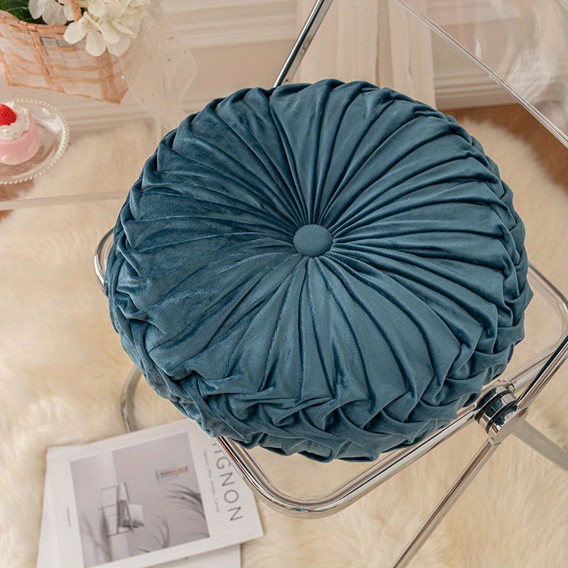 Round Velvet Cushion | 13.7 x 4.7 in | Pleated Velvet Design with Center Button | Decorative Modern Accent | Brick by Brick