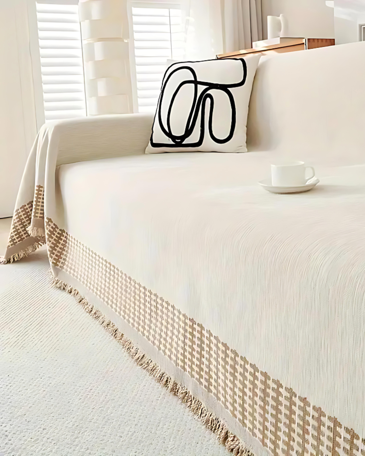 Sofa Blanket Cover | Chenille | Modern Boho Leaf Design | Breathable & Washable Furniture Protector with Fringe | Brick by Brick