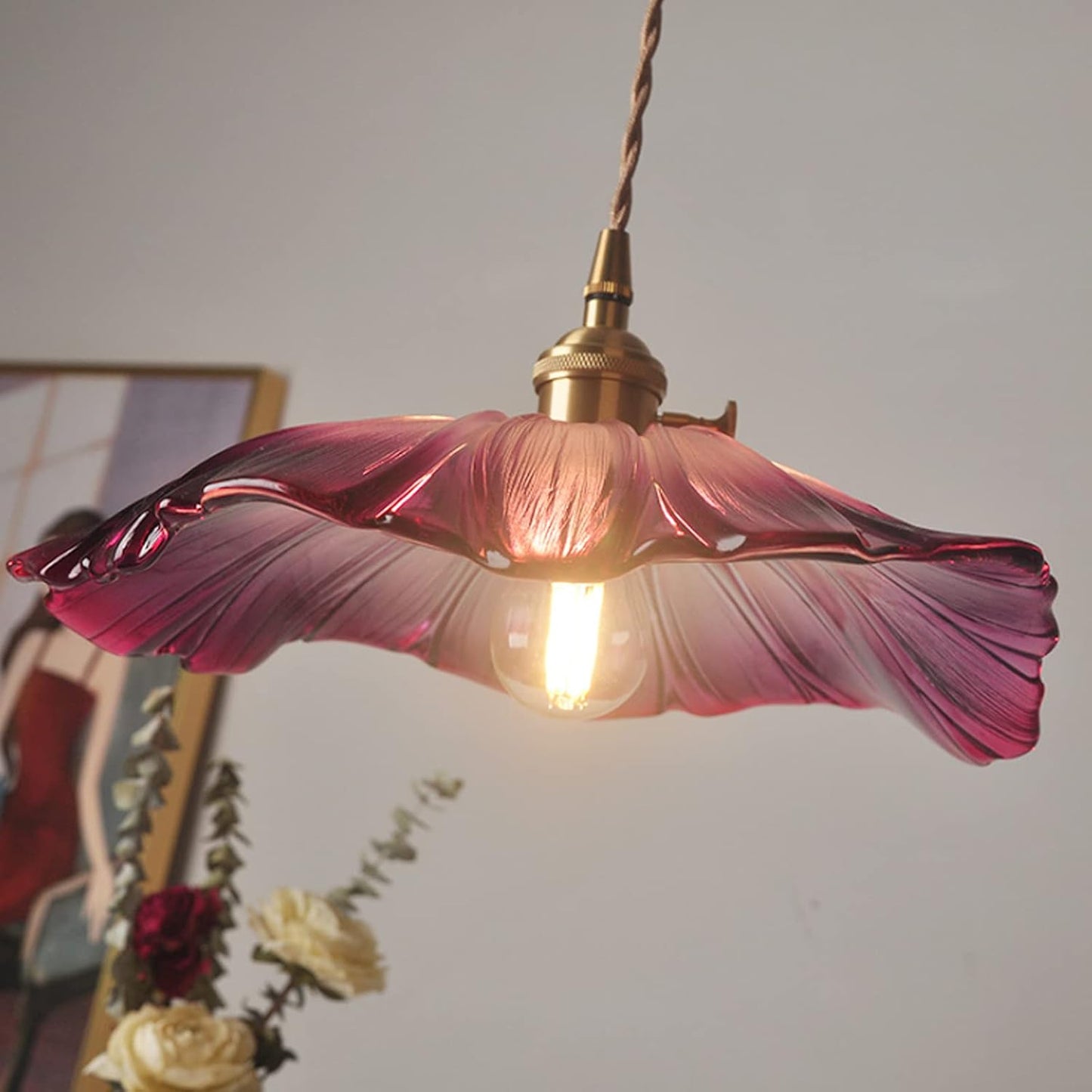 Vintage Floral Glass Pendant Light | Retro Elegance | Warm Glow | Adjustable Hanging | Brick by Brick