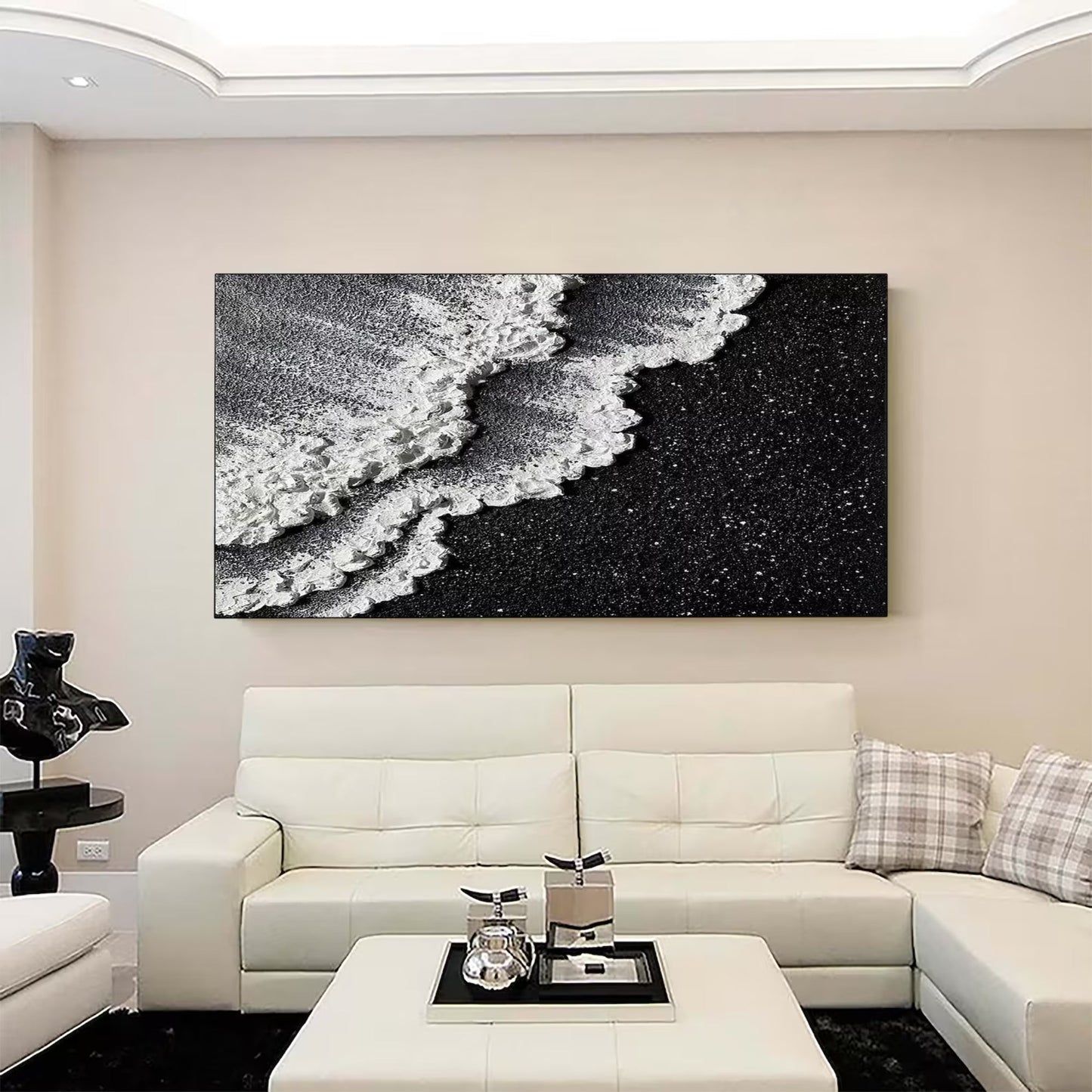 Lunar Shore Wall Art | 46 - 110 in | Textured Plaster Wave Art | Sculptural Coastal Wall Décor | Black & White Seascape | Brick by Brick