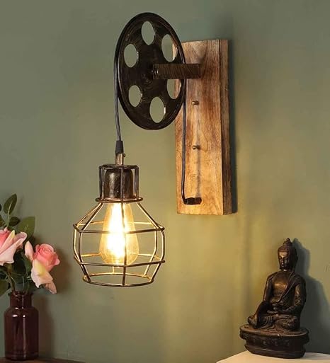 Retro Industrial Wall Lamp | 12 x 3.7 in | Vintage Wood | Metal Sconce | Rustic Lighting Fixture | Brick by Brick