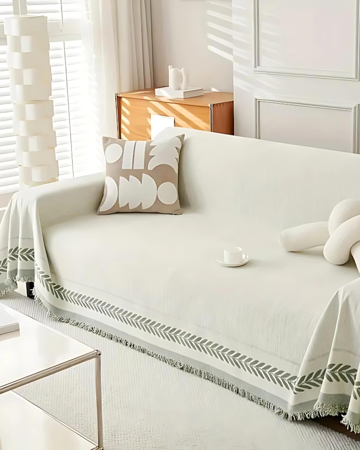 Sofa Blanket Cover | Chenille | Modern Boho Leaf Design | Breathable & Washable Furniture Protector with Fringe | Brick by Brick