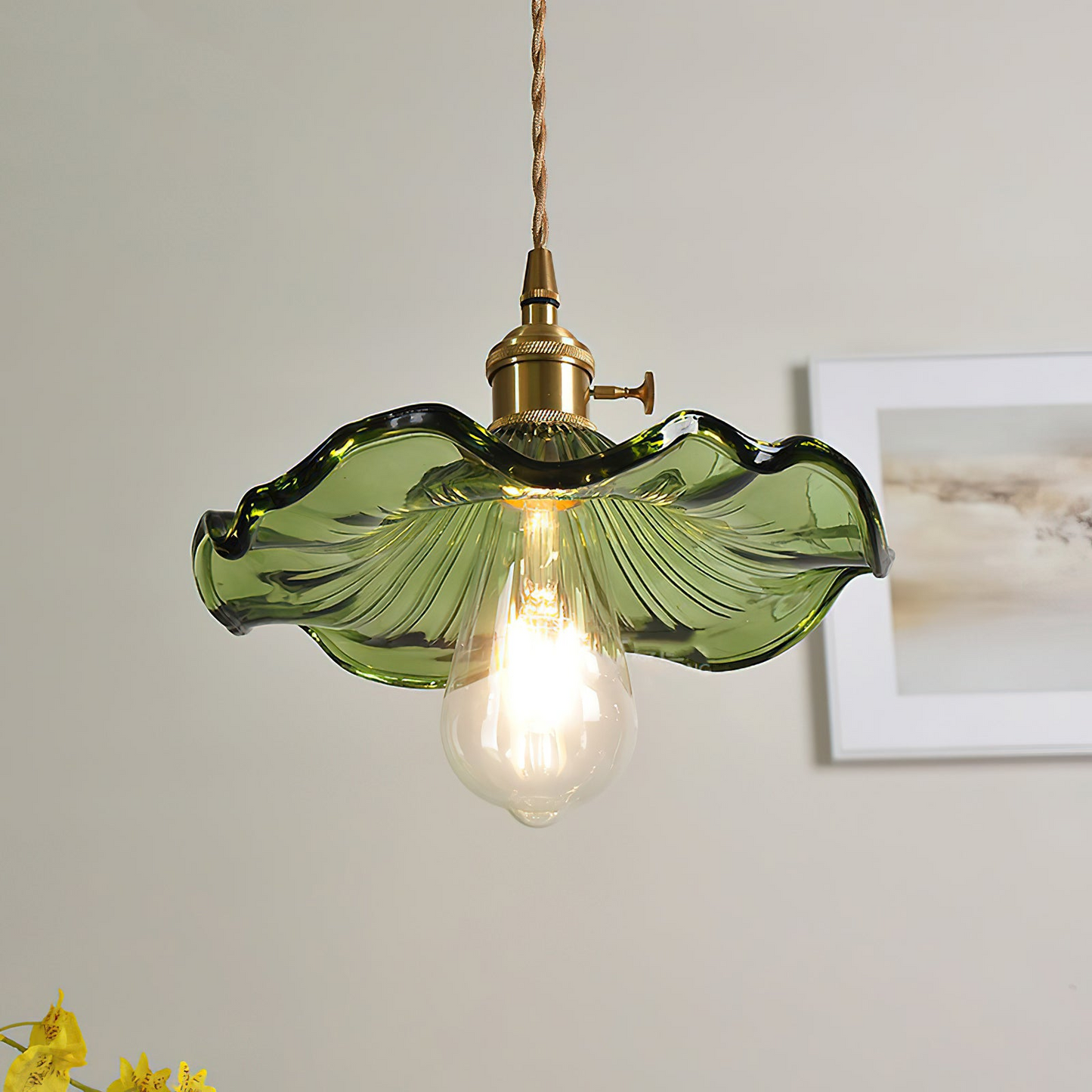 Art Nouveau Fluted Glass Pendant | Flower-Inspired Shade | H4.72in x D9.06-23.62in | Brass & Glass Craftsmanship | Brick by Brick