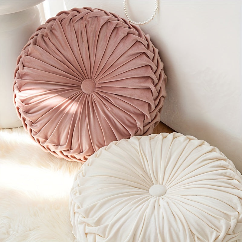 Round Velvet Cushion | 13.7 x 4.7 in | Pleated Velvet Design with Center Button | Decorative Modern Accent | Brick by Brick