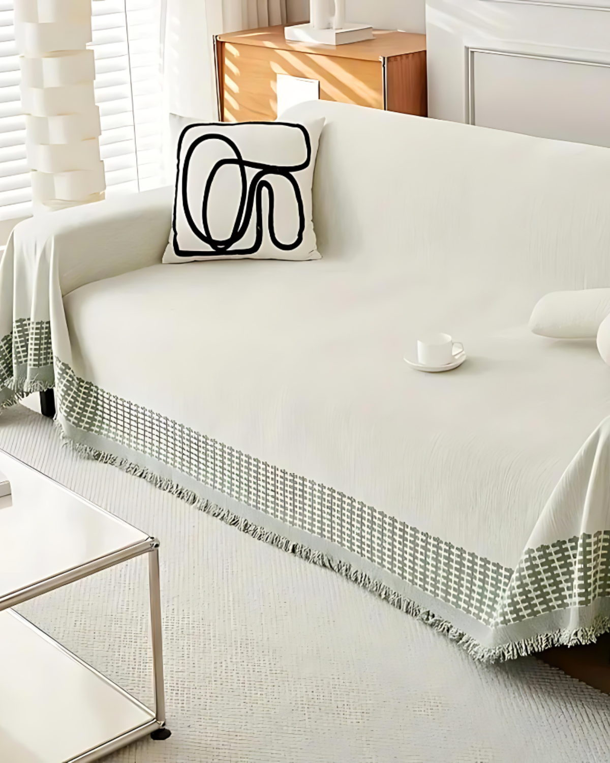 Sofa Blanket Cover | Chenille | Modern Boho Leaf Design | Breathable & Washable Furniture Protector with Fringe | Brick by Brick