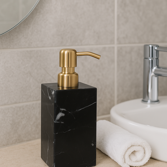 Marble Soap Dispenser |  2.8 in × 7.1 in | Solid Stone Base | Metal Pump | Brick by Brick