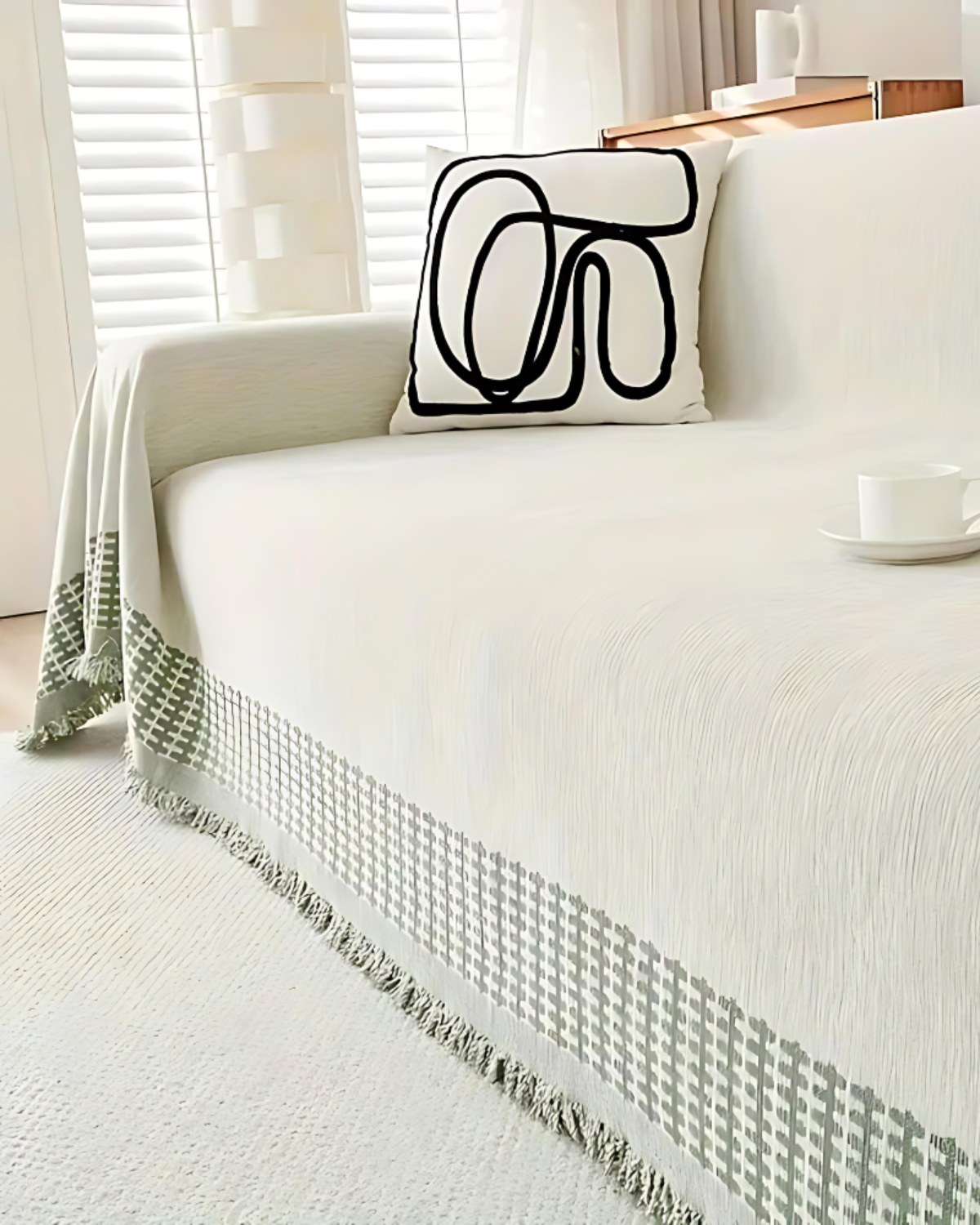 Sofa Blanket Cover | Chenille | Modern Boho Leaf Design | Breathable & Washable Furniture Protector with Fringe | Brick by Brick