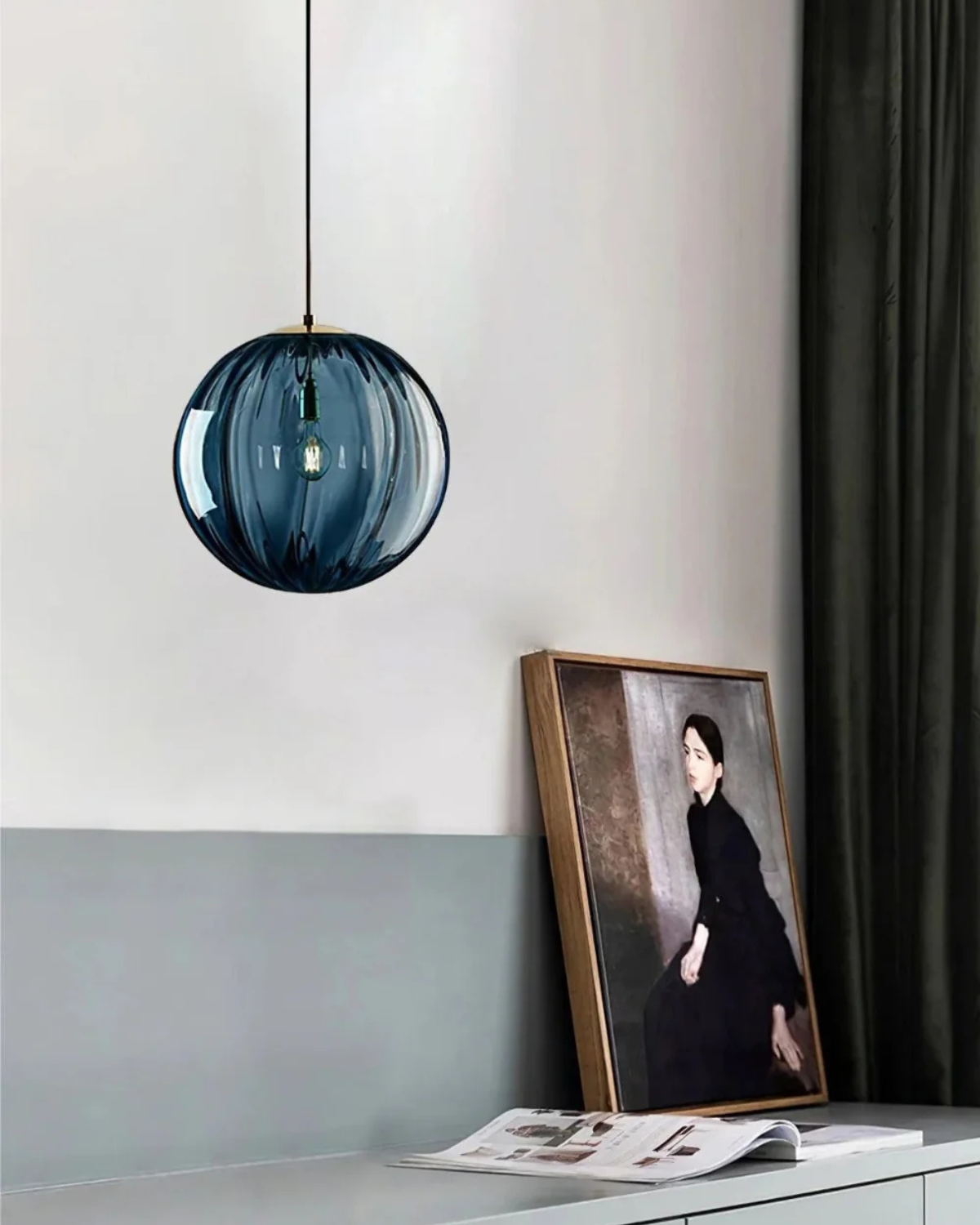 Hanging Pendant Lamp | Amber Glass Globe | Retro Modern Ceiling Light | Adjustable Cable Fixture | Brick By Brick