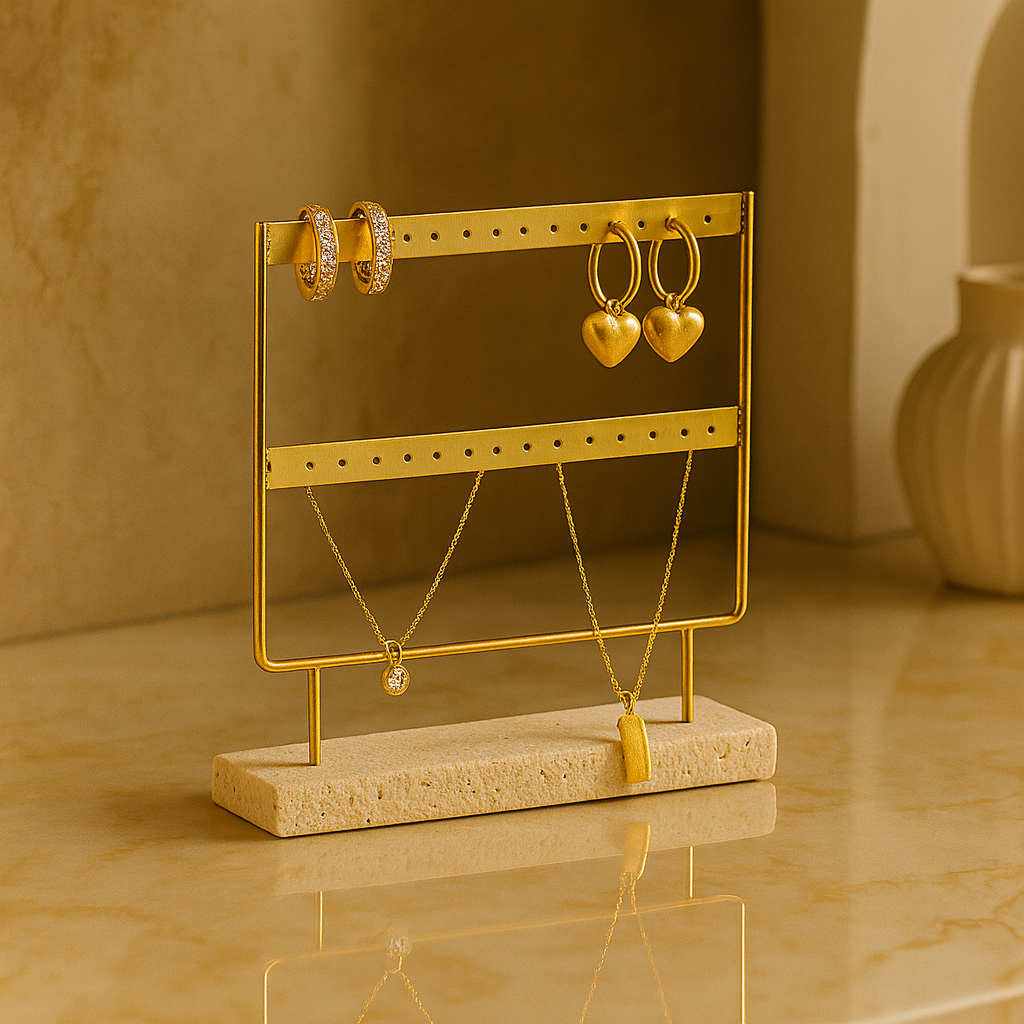 Aria Travertine Jewelry Rack | 7.9 × 2.4 × 8.7 in | Stone Base | Metal Frame | Brick by Brick