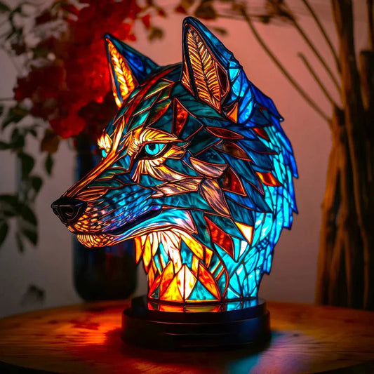 Stained Glass Table Lamp | Wolf Design with Mosaic Pattern | Artistic Animal Light Décor | Brick by Brick