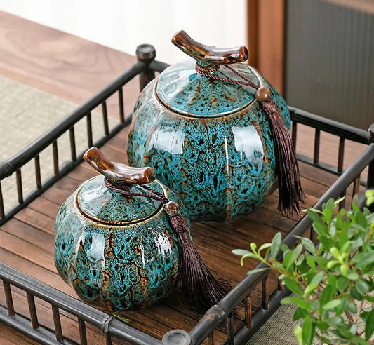 Handcrafted Ceramic Tea Jar | 4.72H x 4.21W | Elegant Chin Design | With Lid & Tassel | Brick by Brick