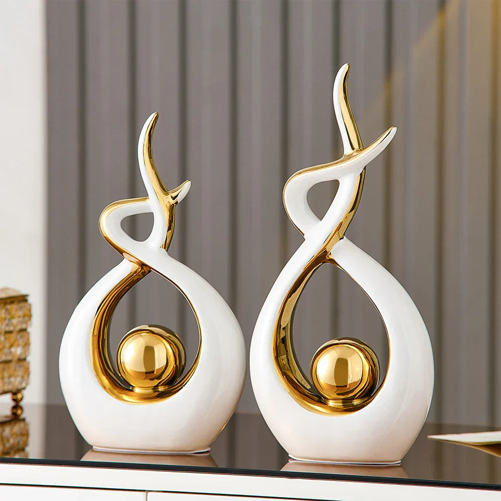 Abstract Ceramic Sculpture | Modern Decor with Gold Accents | Shelf or Desk Ornament