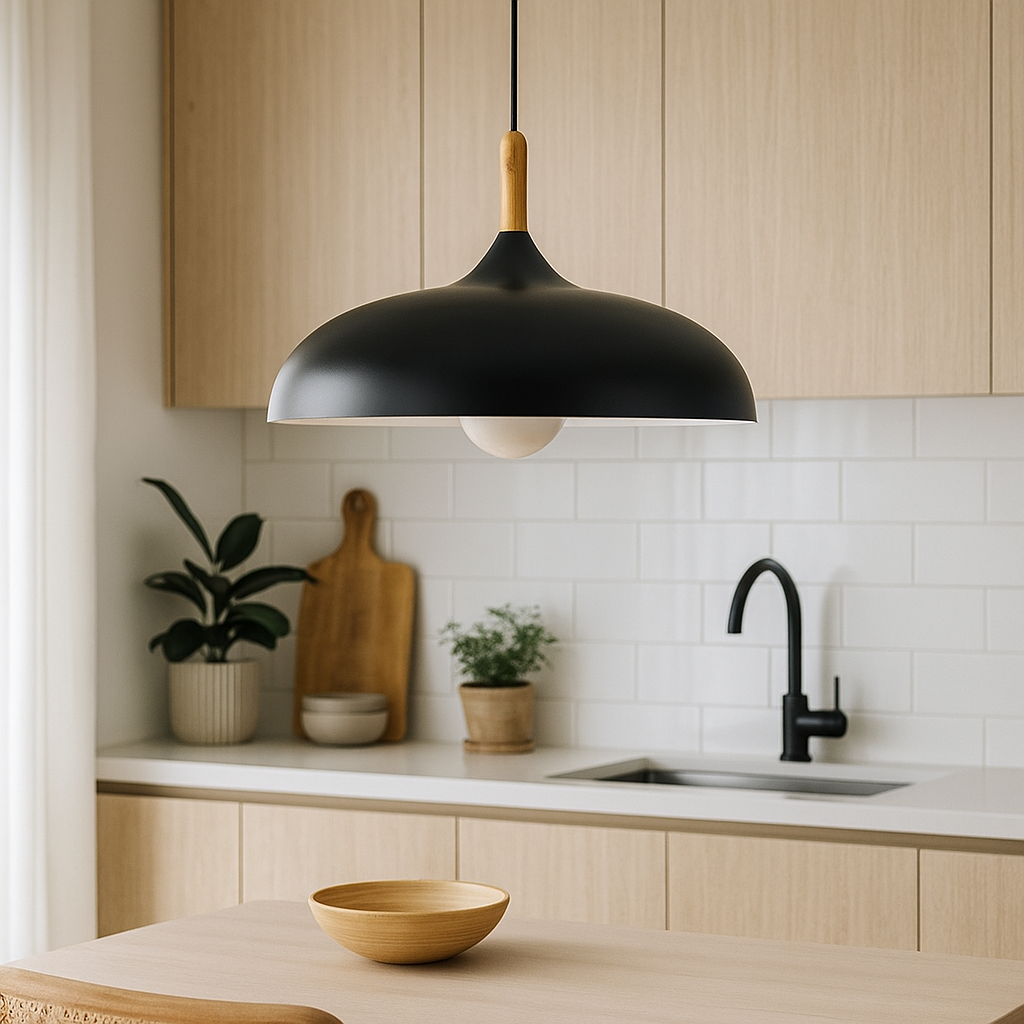Scandinavian Pendant Light | Oak & Iron | Adjustable Height | E27 Bulb | Minimalist Nordic Design