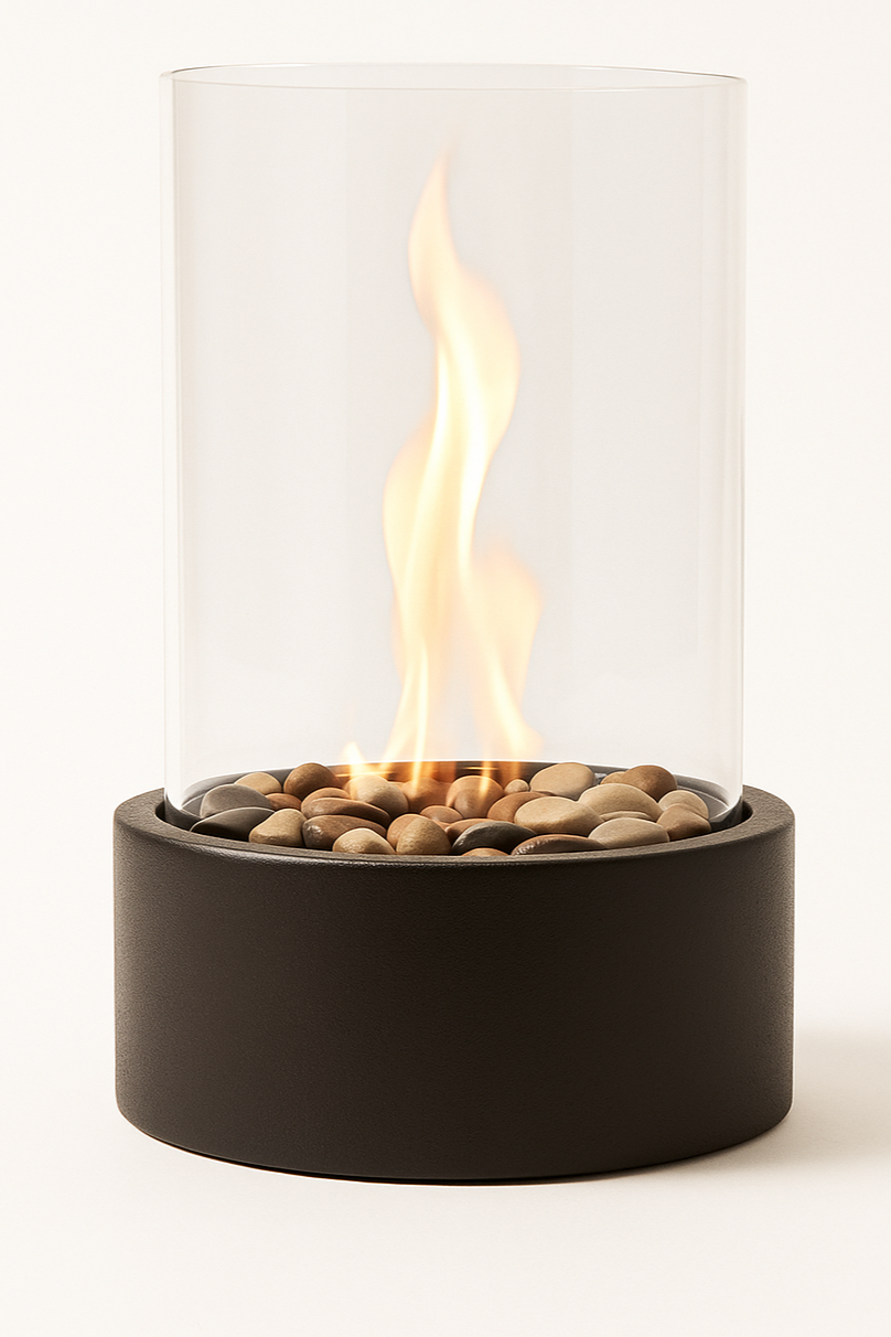 Portable Flame Table Lantern | Gas-Powered with Black Metal & Glass | Indoor & Outdoor Ambience